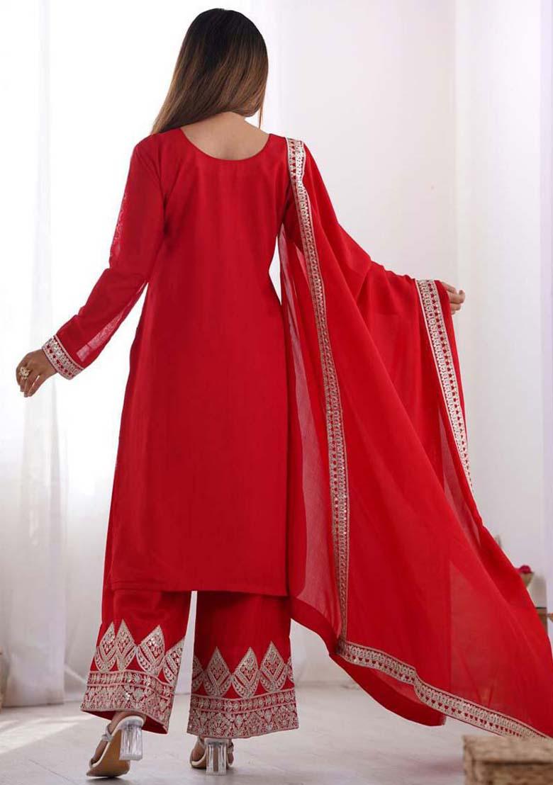 Red Silk Embroidered Salwar Kameez With Dupptta
