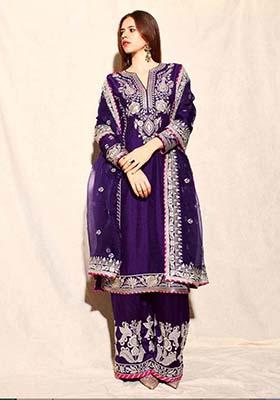Blue Violet Silk Embroidered Salwar Kameez With Dupptta