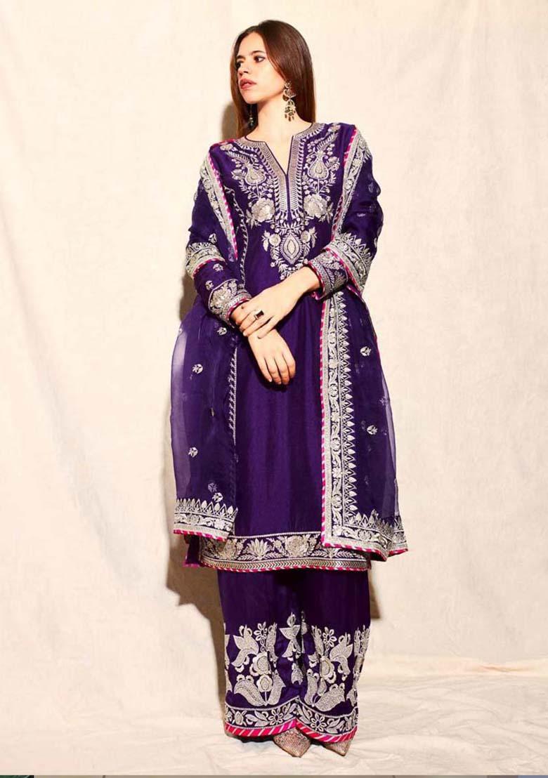 Blue Violet Silk Embroidered Salwar Kameez With Dupptta