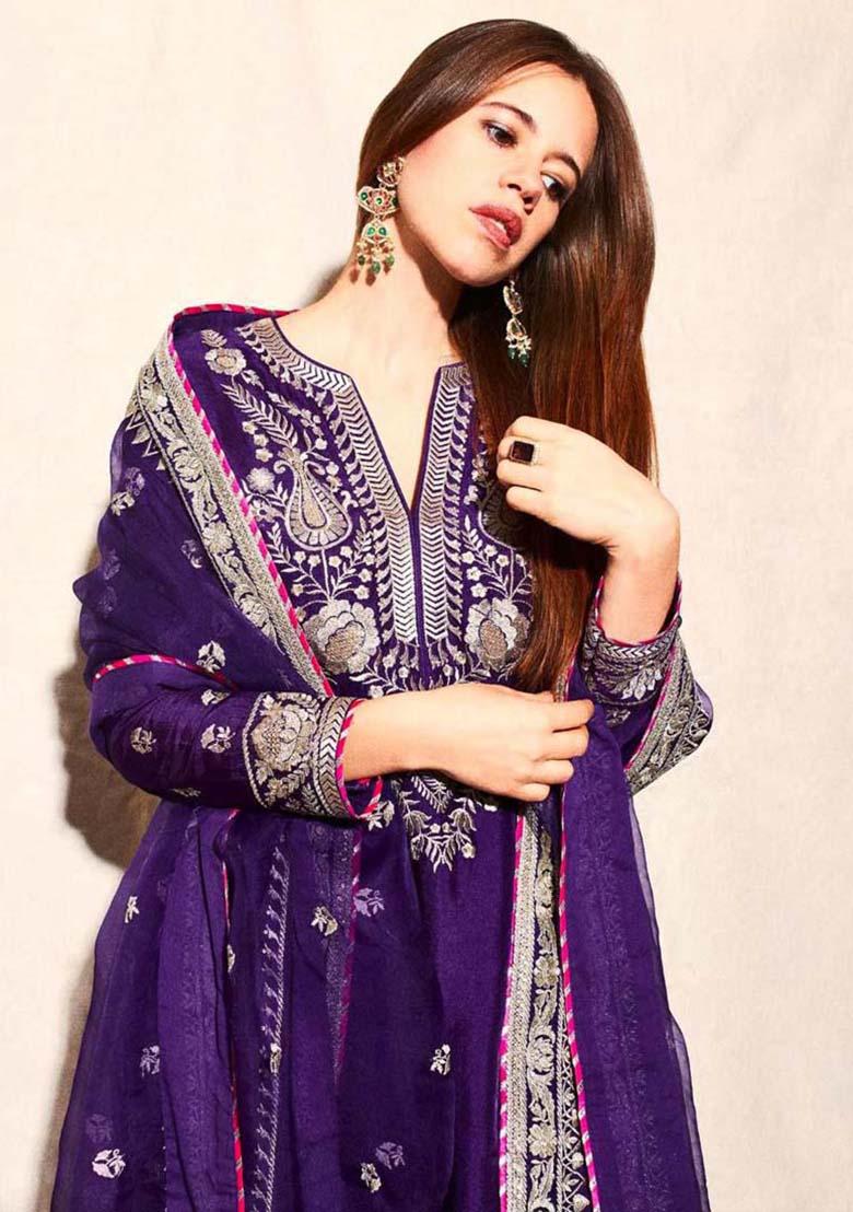 Blue Violet Silk Embroidered Salwar Kameez With Dupptta