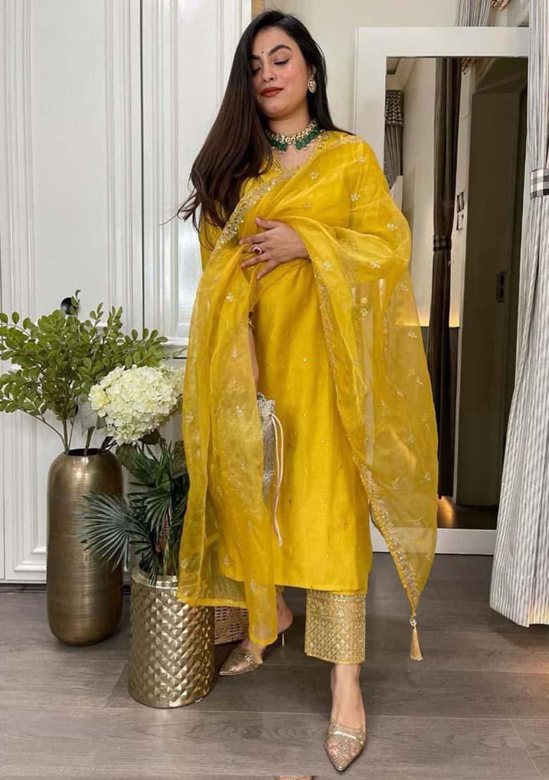 Yellow Silk Embroidered Salwar Kameez With Dupptta