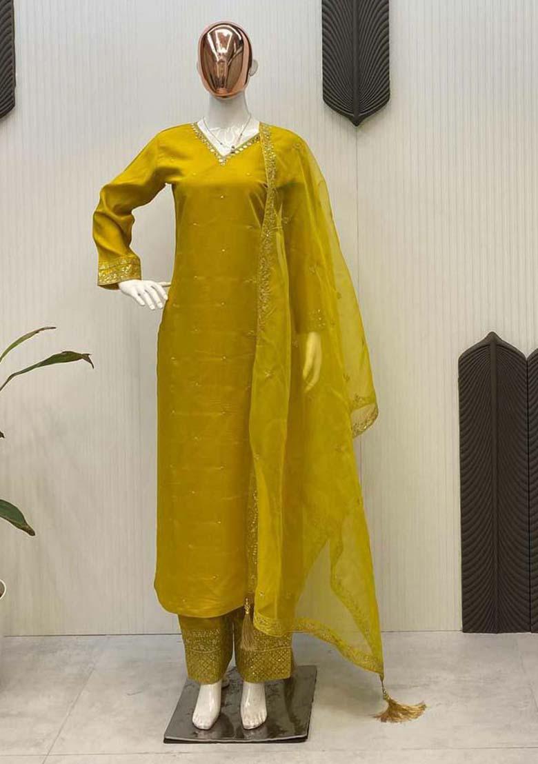 Yellow Silk Embroidered Salwar Kameez With Dupptta