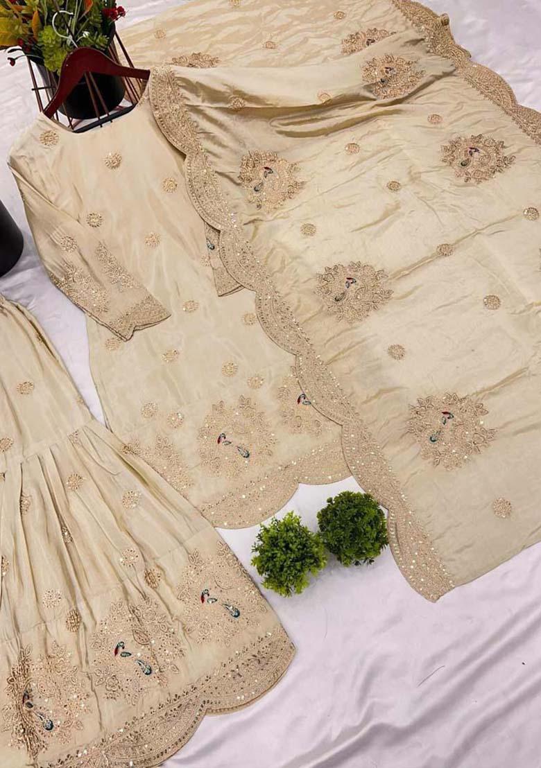 Off White Silk Embroidered Salwar Kameez With Dupptta