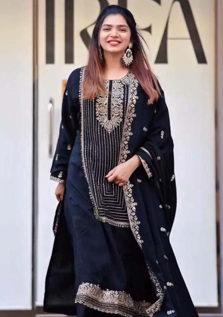 Black Georgette Embroidered Salwar Kameez With Dupptta