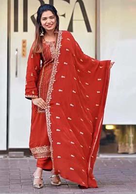 Orange Georgette Embroidered Salwar Kameez With Dupptta