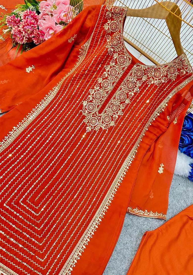 Orange Georgette Embroidered Salwar Kameez With Dupptta