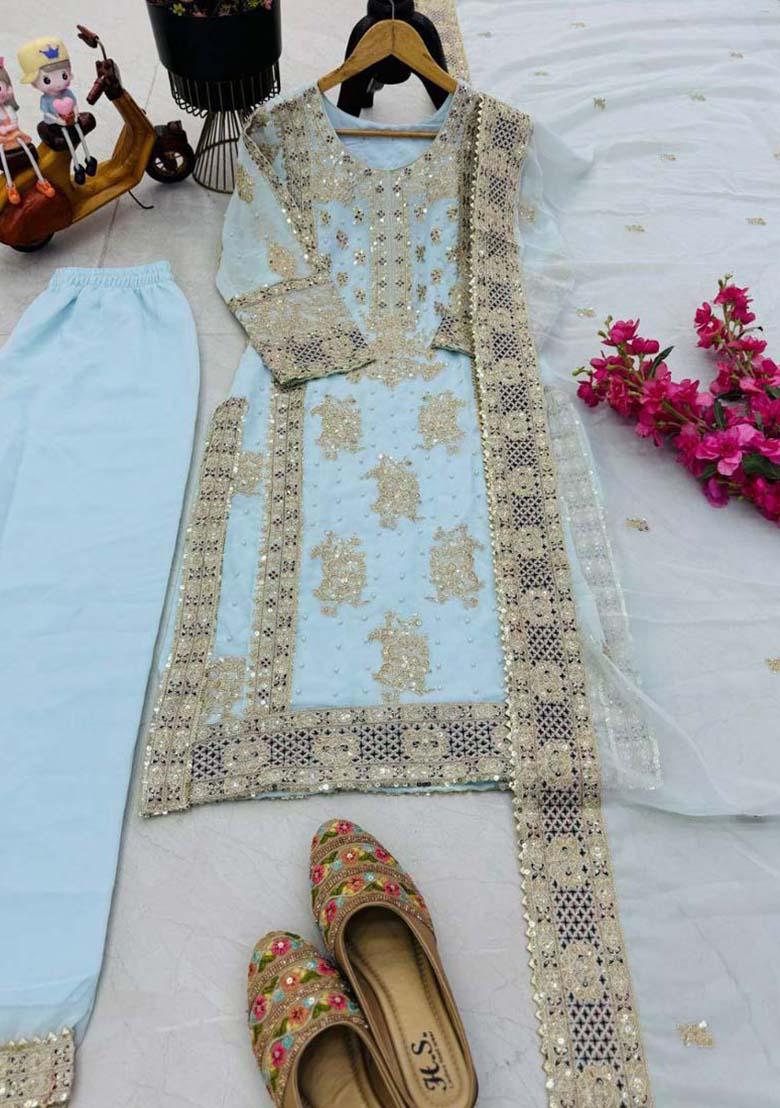 Sky Blue Georgette Embroidered Salwar Kameez With Dupptta
