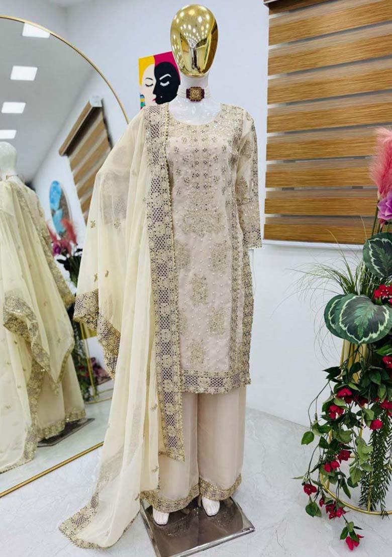 Off White Georgette Embroidered Salwar Kameez With Dupptta