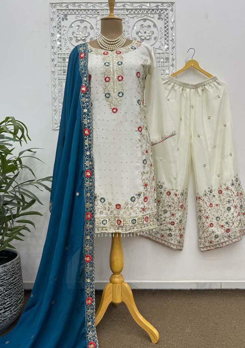 Off White Silk Embroidered Salwar Kameez With Dupptta