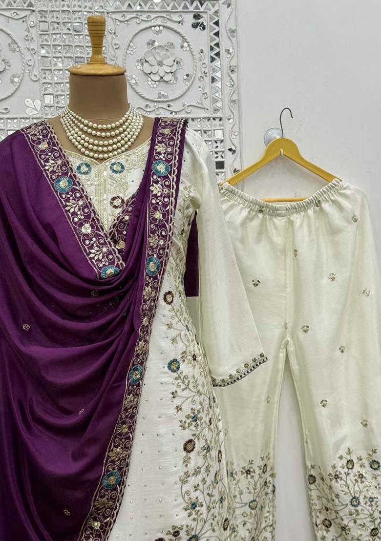 Off White Silk Embroidered Salwar Kameez With Dupptta