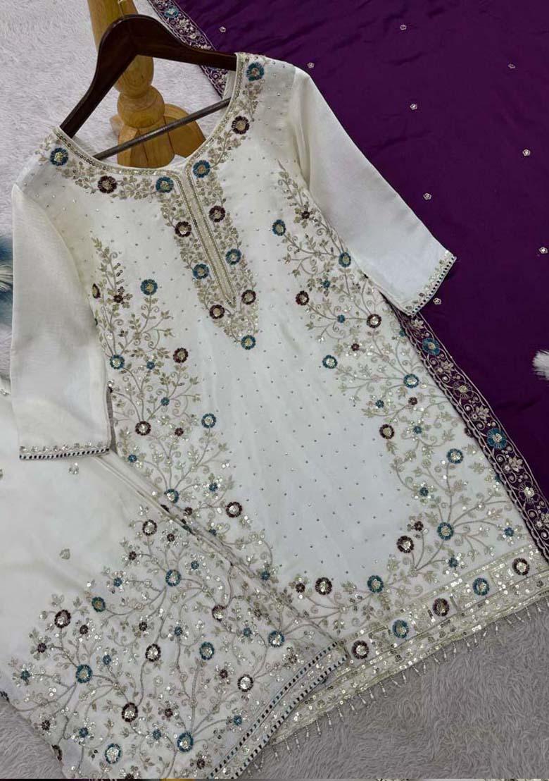 Off White Silk Embroidered Salwar Kameez With Dupptta