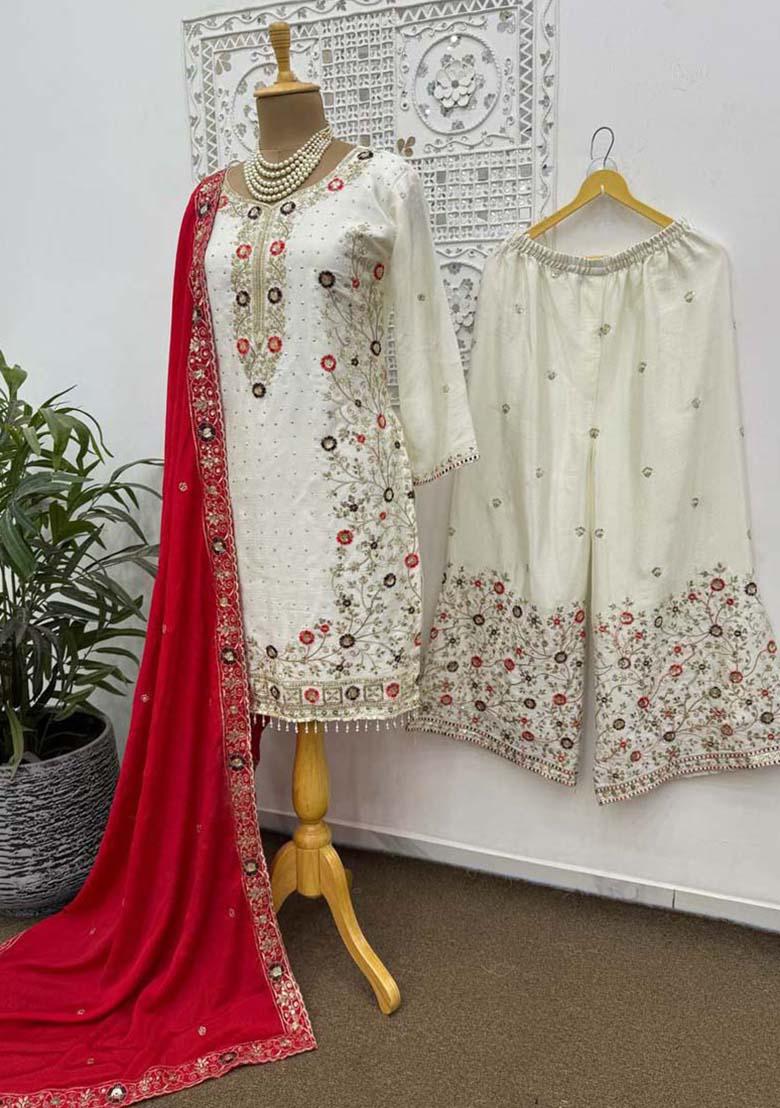Off White Silk Embroidered Salwar Kameez With Dupptta
