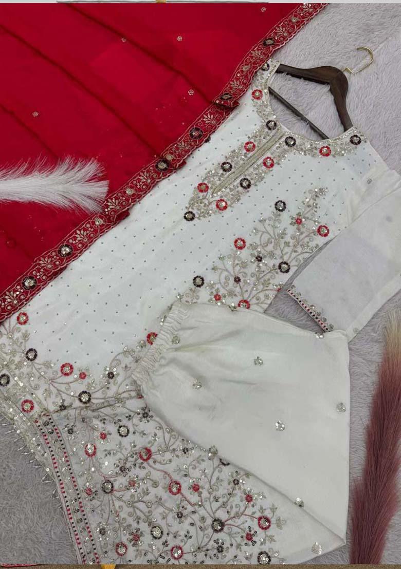 Off White Silk Embroidered Salwar Kameez With Dupptta