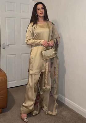 Golden Silk Printed Salwar Kameez With Dupptta