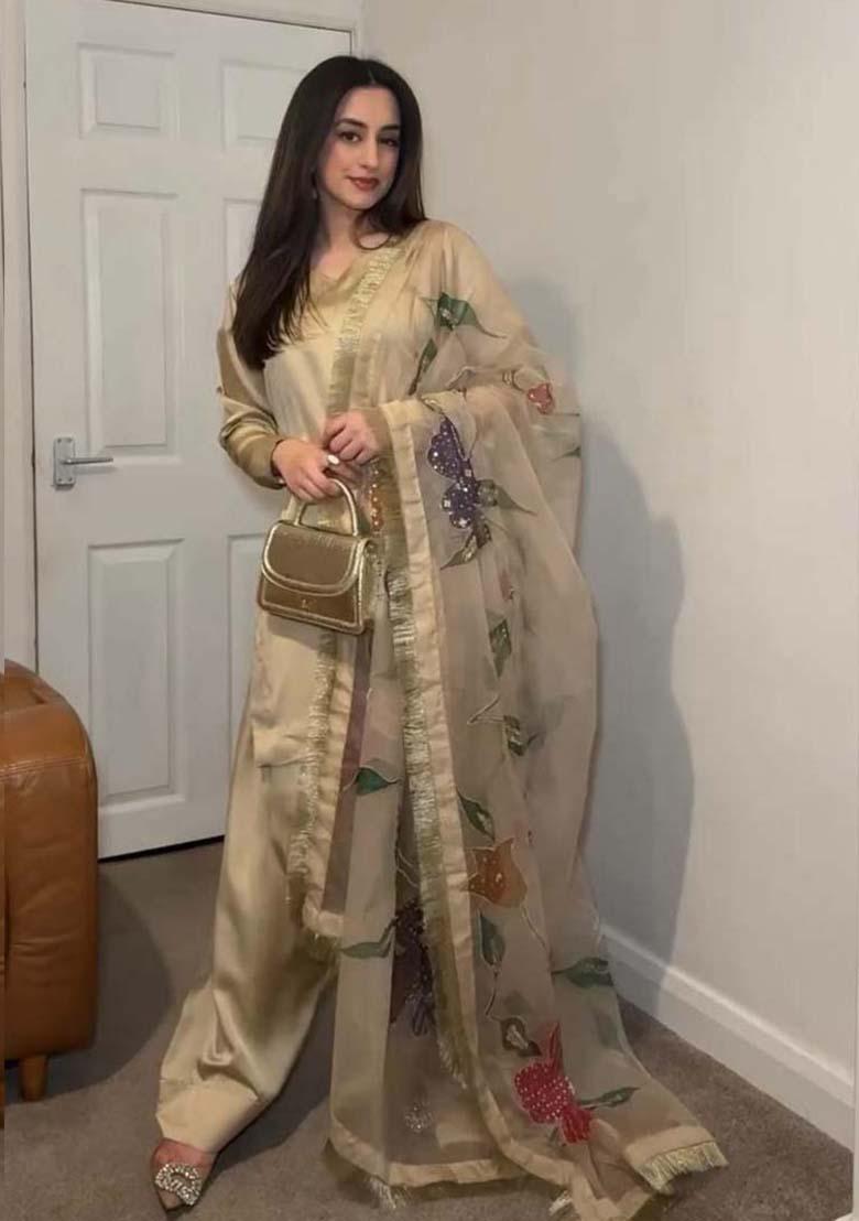 Golden Silk Printed Salwar Kameez With Dupptta