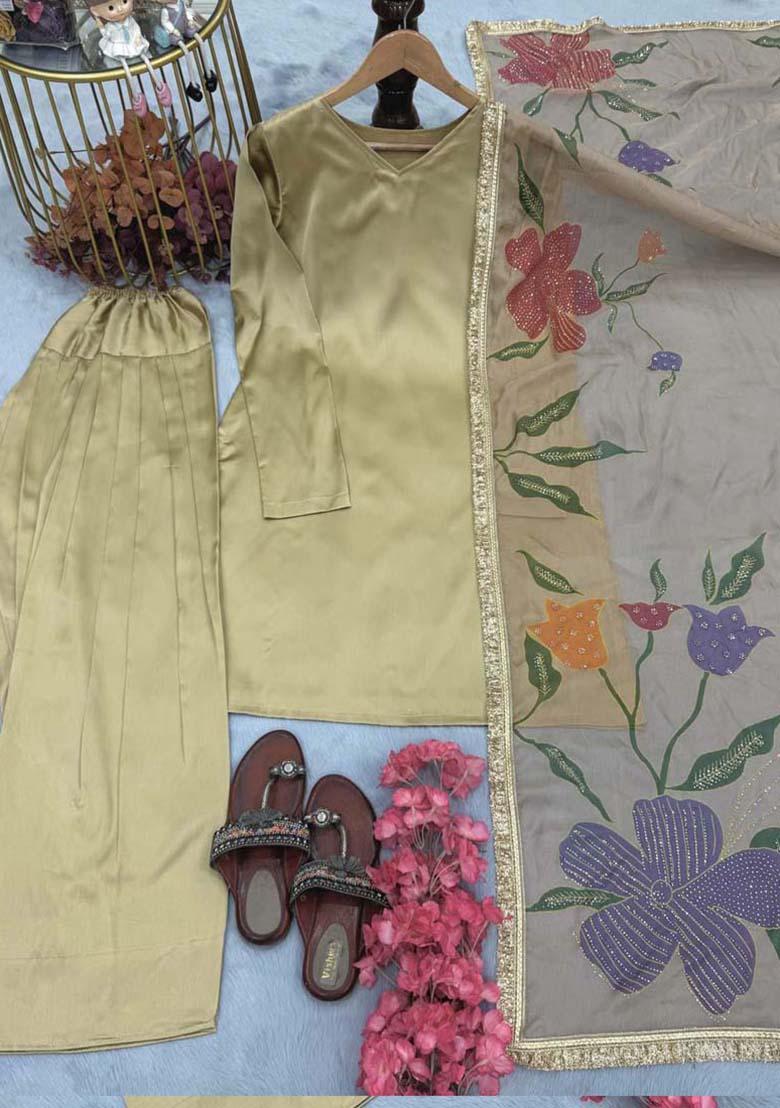 Golden Silk Printed Salwar Kameez With Dupptta