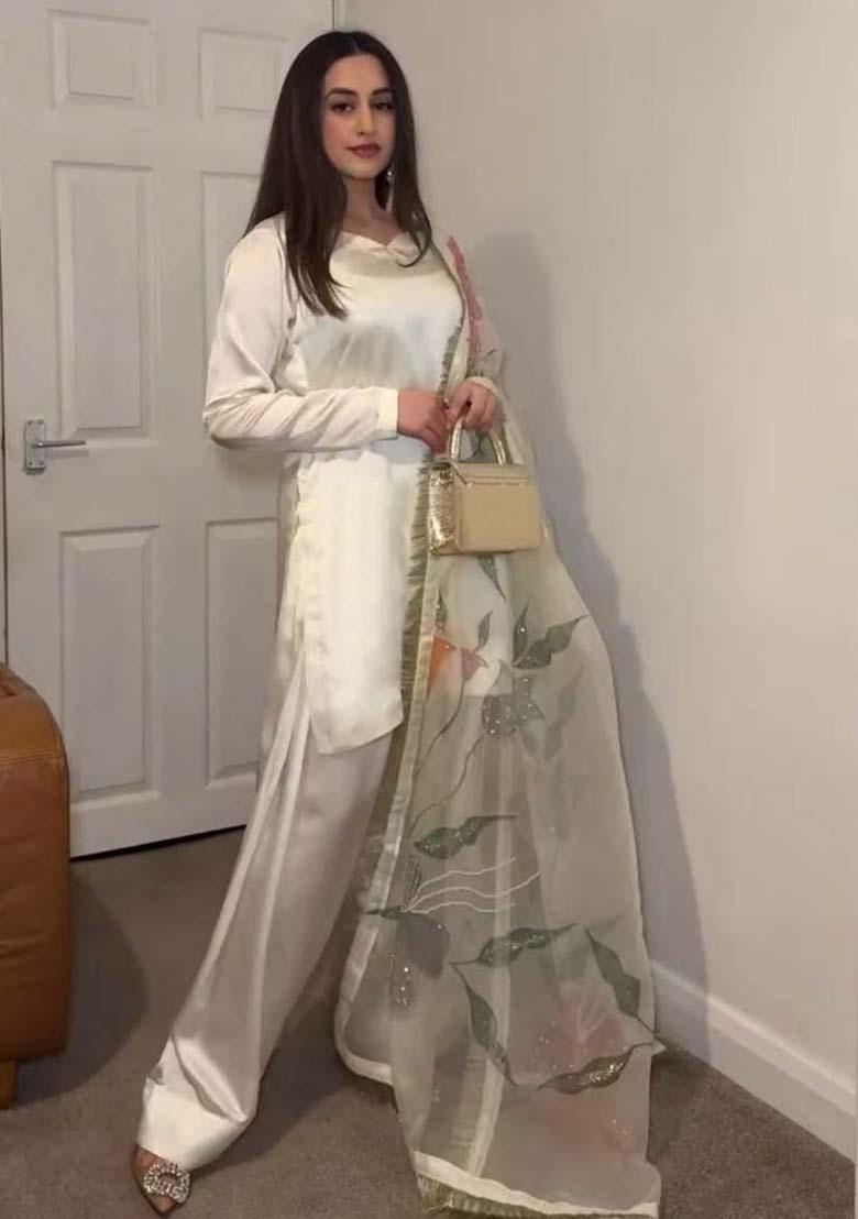 Off White Silk Printed Salwar Kameez With Dupptta