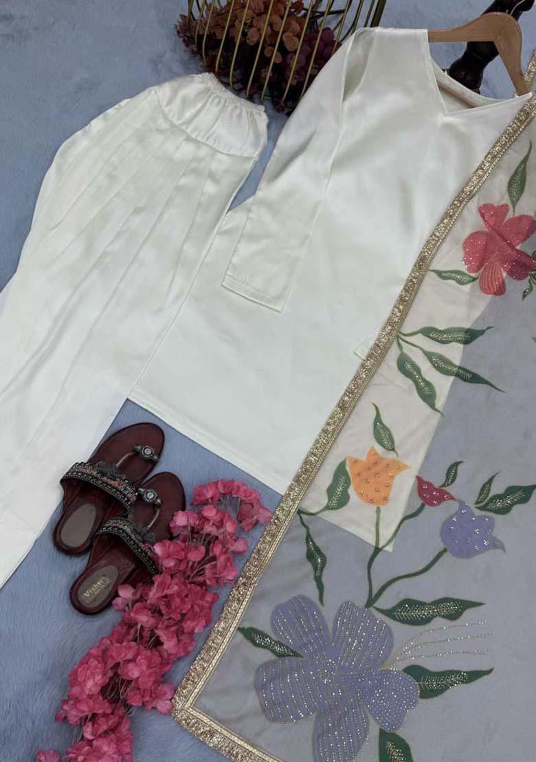 Off White Silk Printed Salwar Kameez With Dupptta