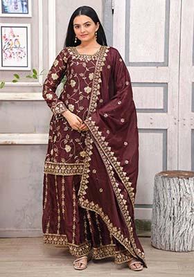 Dark Maroon Silk Embroidered Salwar Kameez With Dupptta