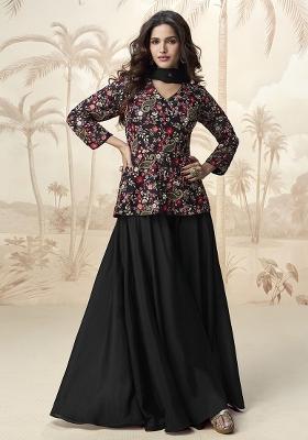 Black Embroidered Chinon Palazzo Set With Dupatta