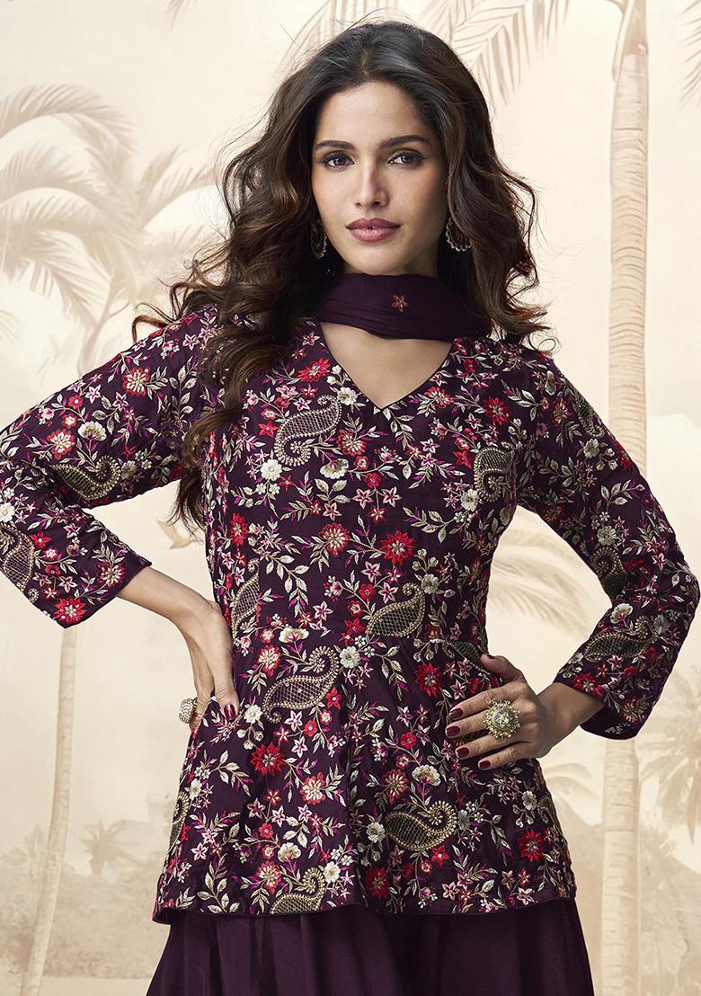 Purple Embroidered Chinon Palazzo Set With Dupatta