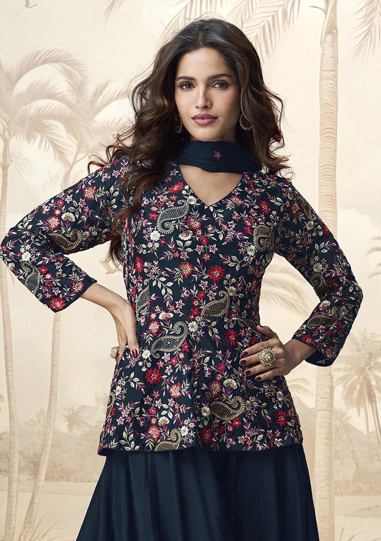 Blue Embroidered Chinon Palazzo Set With Dupatta