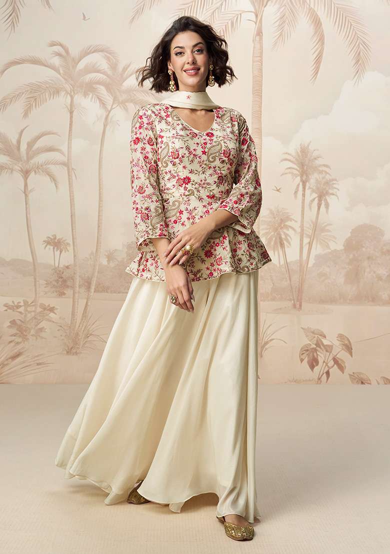 White Embroidered Chinon Palazzo Set With Dupatta - Indya