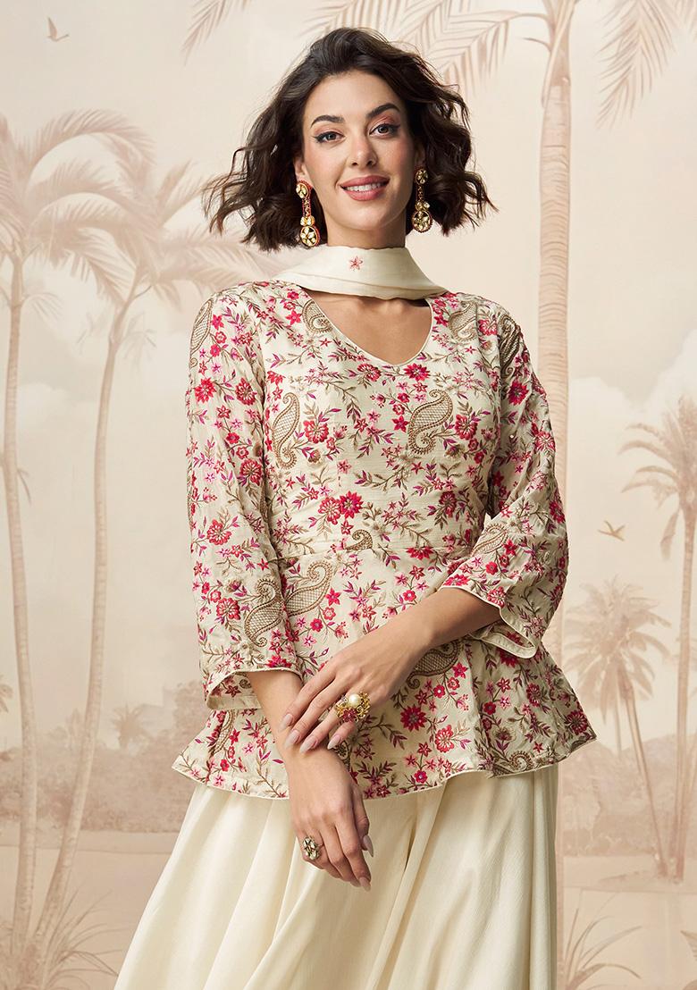 White Embroidered Chinon Palazzo Set With Dupatta