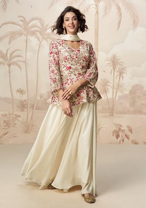 White Embroidered Chinon Palazzo Set With Dupatta
