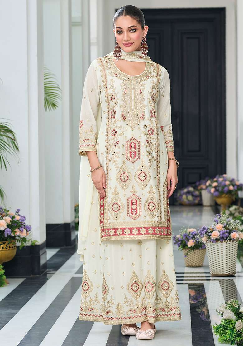 White Embroidered Chinon Palazzo Set With Dupatta - Indya