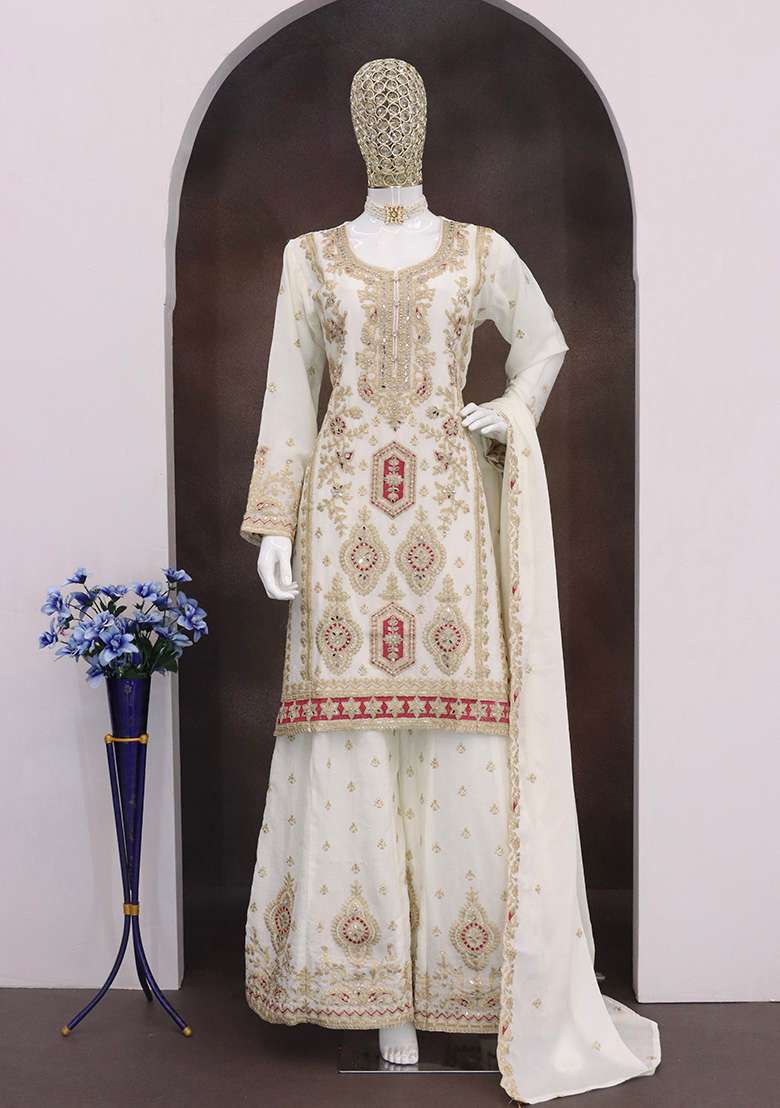 White Embroidered Chinon Palazzo Set With Dupatta - Indya