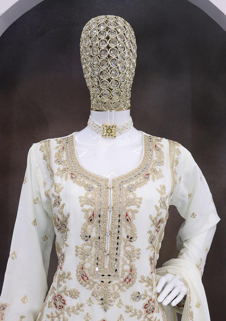 White Embroidered Chinon Palazzo Set With Dupatta
