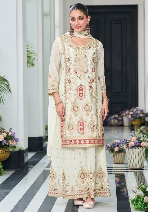 White Embroidered Chinon Palazzo Set With Dupatta