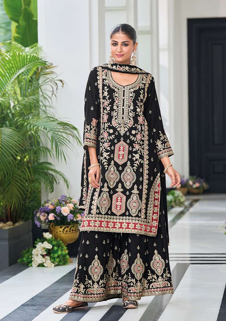 Black Embroidered Chinon Palazzo Set With Dupatta - Indya