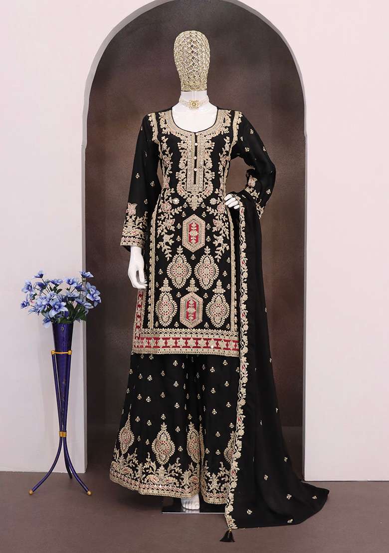 Black Embroidered Chinon Palazzo Set With Dupatta - Indya