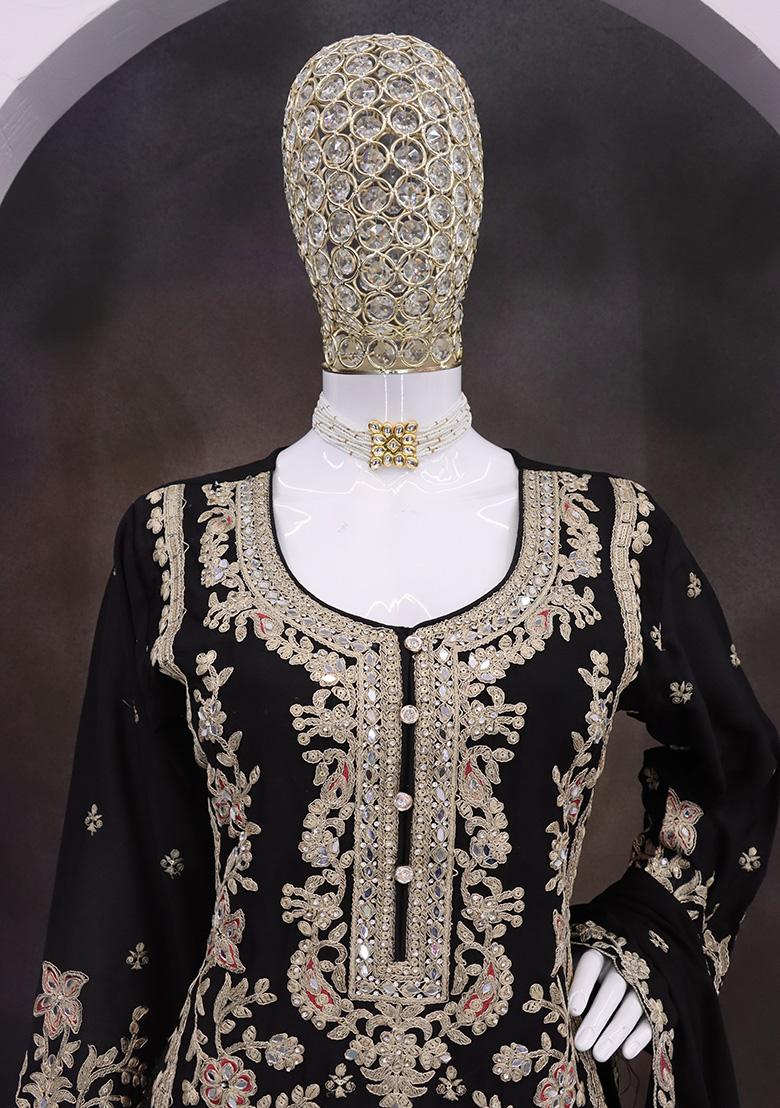Black Embroidered Chinon Palazzo Set With Dupatta