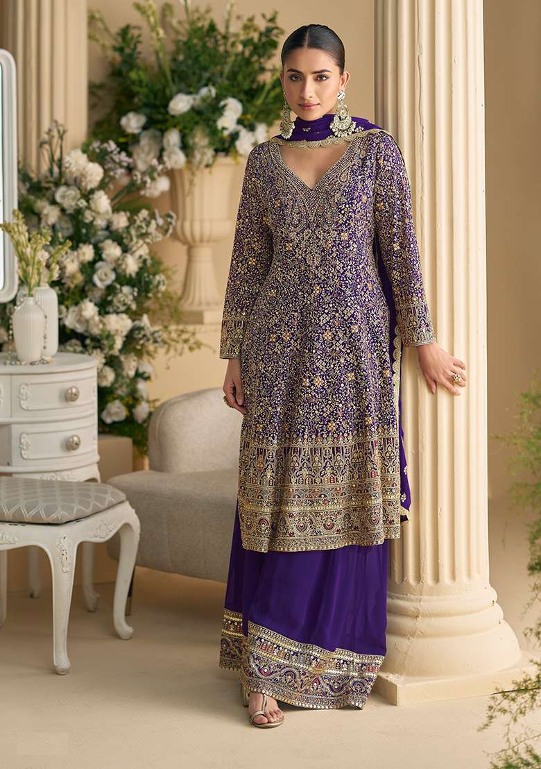 Purple Embroidered Georgette Palazzo Set With Dupatta - Indya