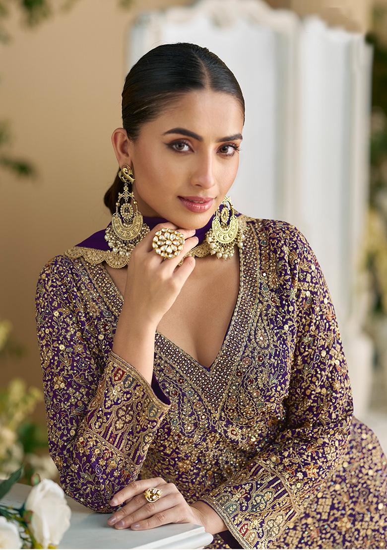 Purple Embroidered Georgette Palazzo Set With Dupatta