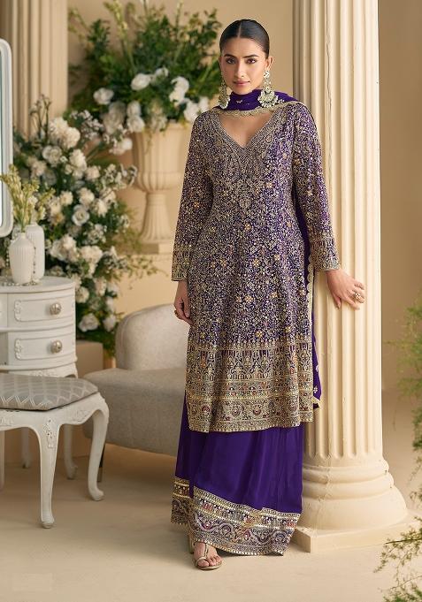 Purple Embroidered Georgette Palazzo Set With Dupatta
