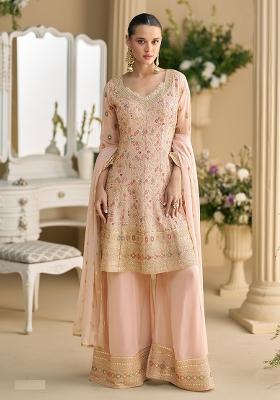 Peach Embroidered Georgette Palazzo Set With Dupatta