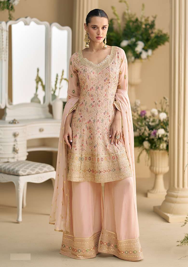 Peach Embroidered Georgette Palazzo Set With Dupatta - Indya