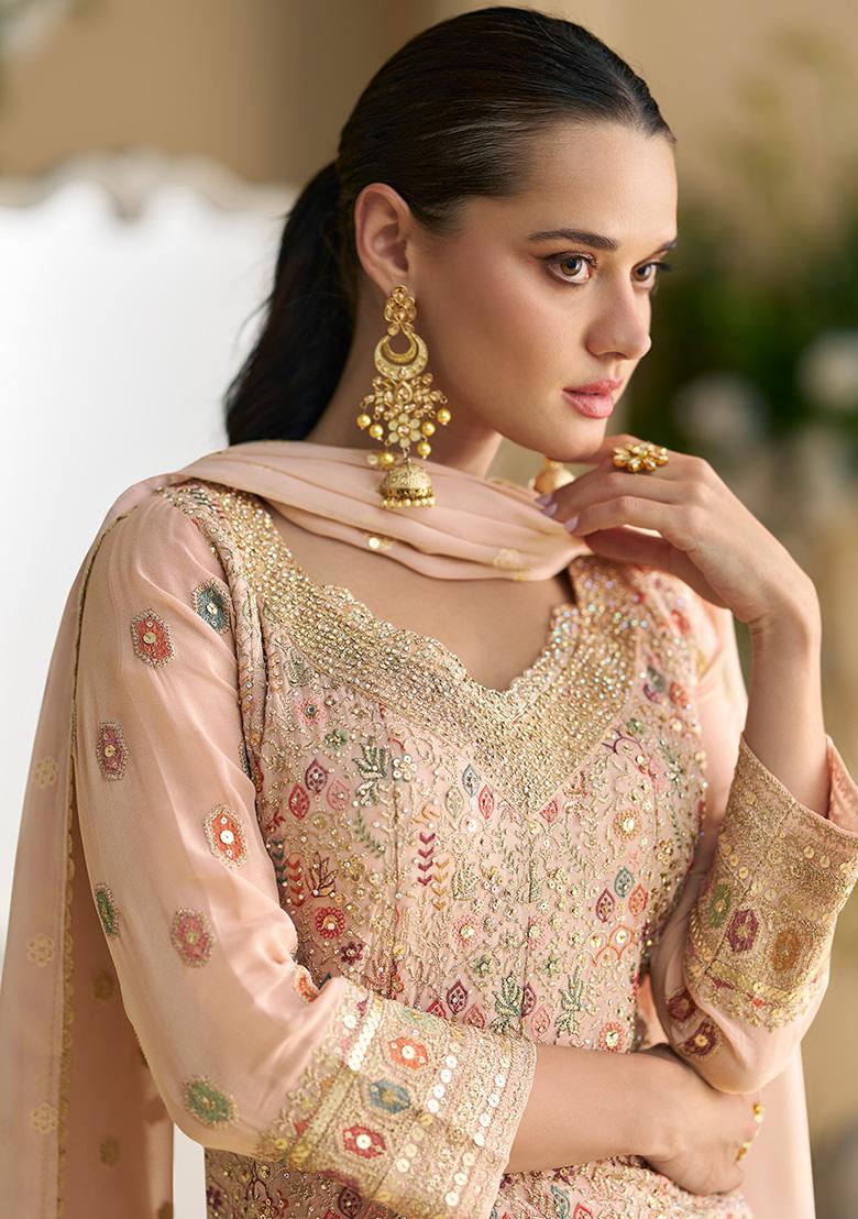 Peach Embroidered Georgette Palazzo Set With Dupatta