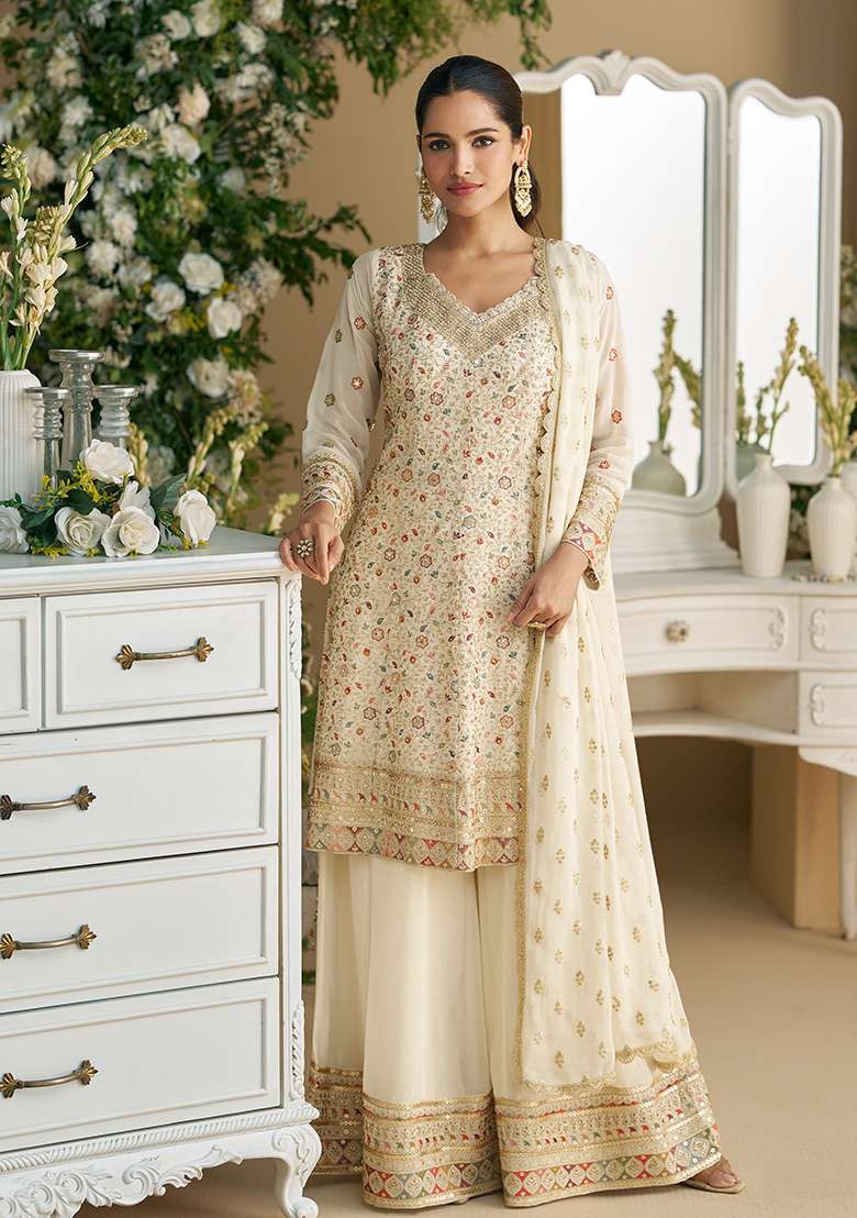 White Embroidered Georgette Palazzo Set With Dupatta - Indya