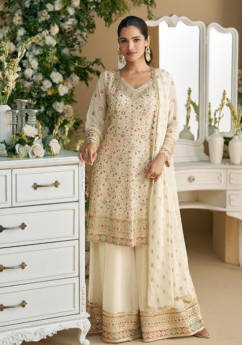 White Embroidered Georgette Palazzo Set With Dupatta