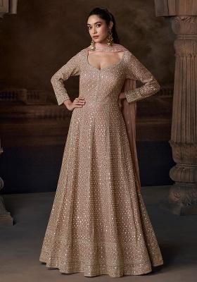 Peach Embroidered Chinon Anarkali Set With Dupatta