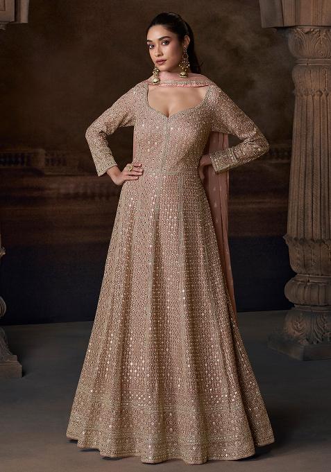 Peach Embroidered Chinon Anarkali Set With Dupatta