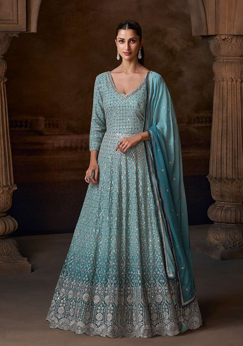Sky Blue Embroidered Chinon Anarkali With Dupatta With Dupatta - Indya