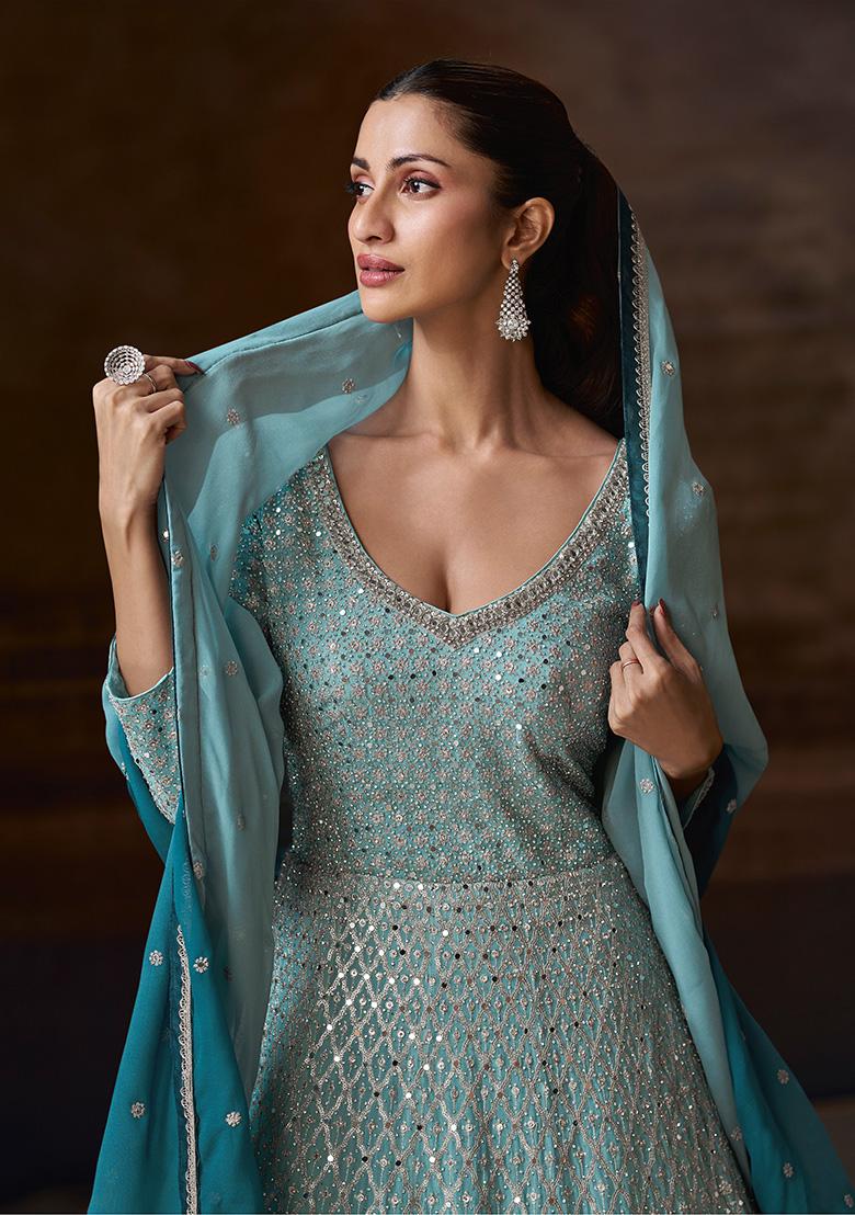 Sky Blue Embroidered Chinon Anarkali Set With Dupatta