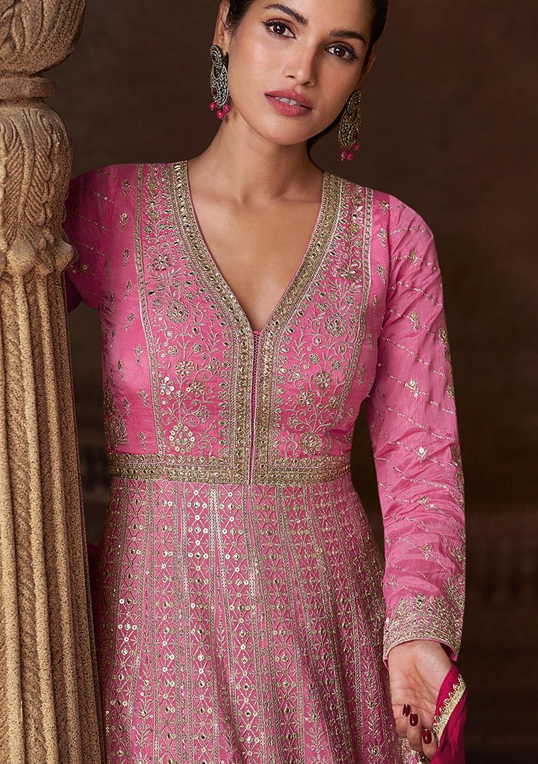 Pink Embroidered Chinon Anarkali Set With Dupatta
