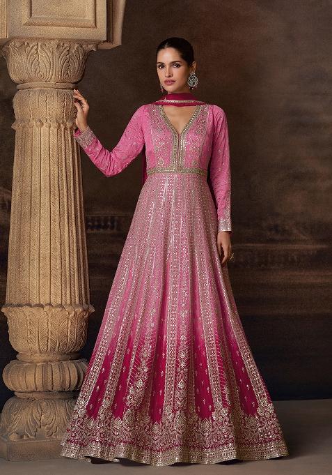 Pink Embroidered Chinon Anarkali Set With Dupatta
